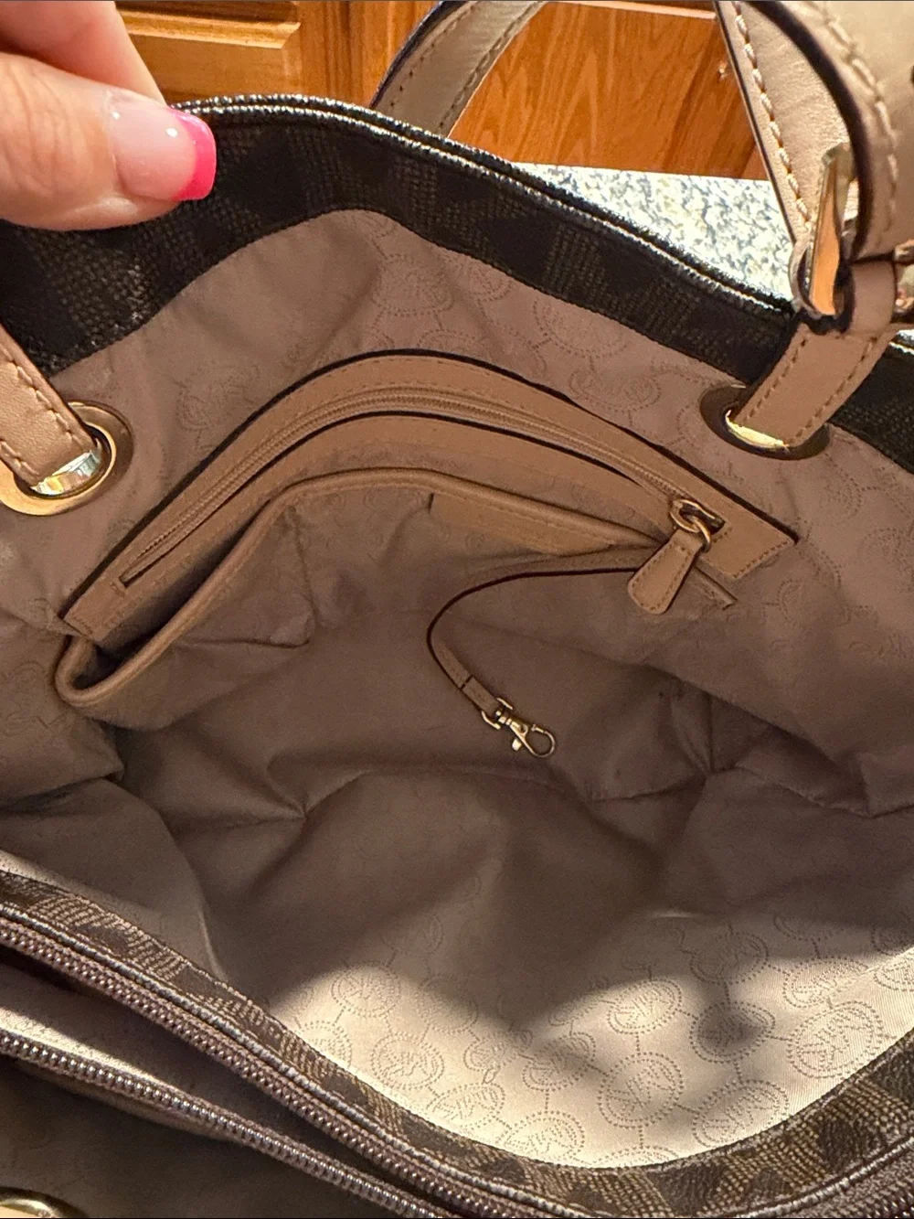 Michael Kors Black Logo Shoulder Tote with Gold MK Charm and Tan Straps